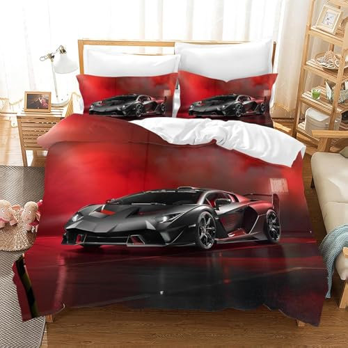 CXYXHW Rennwagen Bettwäsche Set für Jungen,Sportwagen Bettbezug Extreme Sport Thema Bettwäsche Set für Kinder mit Reißverschluss und 2 Kissenbezug (Rennwagen 2, 135x200cm)