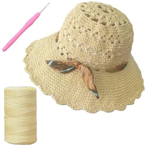 SHENJILL Crochet Kit for Beginners with Crochet Yarn Women Sun Straw Hat Beginner Knitting Kit for Adults Easy Starter Yarn Kits for Crocheting Easy-to-Follow Instructions (Milk White)