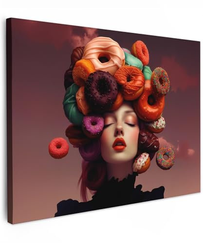 MuchoWow© Leinwand 80x60 cm Deko Schlafzimmer Aesthetic Leinwandbilder Wohnzimmer Gemälde Foto Geschenk Living Room Decoration Frau - Donuts - Bunt
