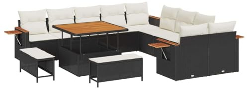 vidaXL 13-teilige Garten-Sofagarnitur mit Kissen in Schwarz und Creme aus Poly Rattan | Stylisches Outdoor-Sitzen, UV-beständig, für bis zu 9 Personen, Elegante Terrassenmöbel, modulare Lounge