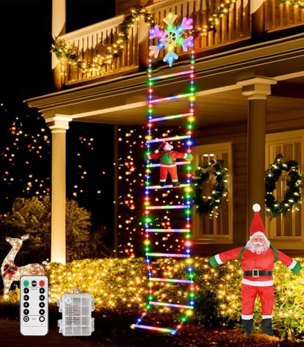 Weihnachtsmann Leiter Lichterkette Außen Innen - 3 M Weihnachtsbeleuchtung LED Schneeflocke Lichterkette mit Batterie Timer, 8 Modi Lichtervorhang Fenster Weihnachtsdeko für Weihnachtsbaum Garten