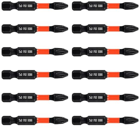 12Pcs PH2 50mm Impact Duty Screwdriver Bits S2 Steel Magnetic Tips | Heavy anti-slip design, professional furniture assembly, home appliance mechanical repair, strong grip