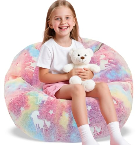 Joybble Bean Bag Cover, Kids Bean Bag without Filling, Beanbags for Children, Flannel Comfortable & Safe Kids Sofa, Stuffed Animal Storage Baby Bean Bag Chair, Bedroom Furniture, Grey (Pink - Unicorn)