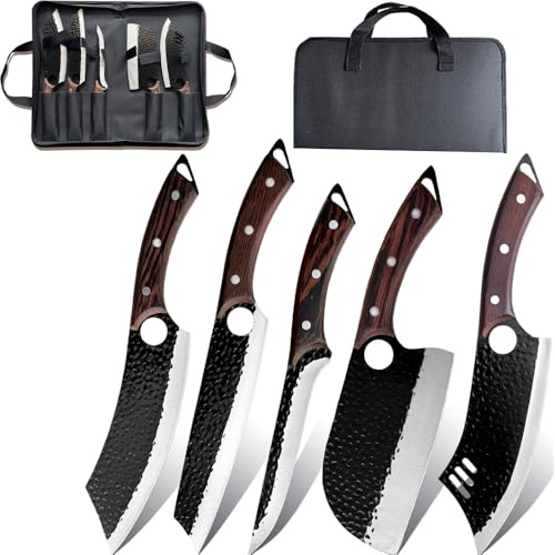 5 Stücke Kochmesser Set Mit Tasche, Küchenmesser, Handgeschmiedet Chefmesser, Perfekt zum Schneiden Messer, Serbisches, Hackmesser Scharf Messer für Zuhause Camping BBQ