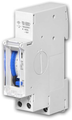 Interruttore orario meccanico, guida DIN, 230 V - Analogico, incrementi di 15 minuti, 96 tempi di commutazione, precisione al quarzo, 16 A, 18 mm, con riserva di carica