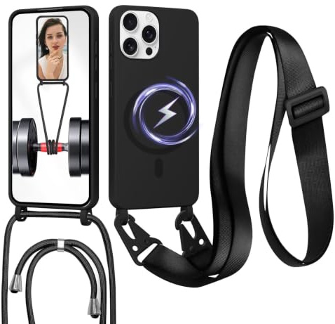 FERLAN Handykette mit Band für iPhone 14 Pro Max Hülle, Lanyard (abnehmbar) Handyhülle Case mit justierbarer Schnur Abnehmbar Strap, Crossbody Schutzhülle zum Umhängen Kordel, Schwarz