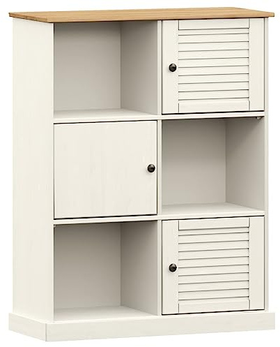 Mhdvray Bücherregal VIGO Weiß 90x35x114,5 cm aus massivem Kiefernholz, 6 Fächer Jalousie-Türen, platzsparendes kleines Regal für Wohnzimmer Büro Flur