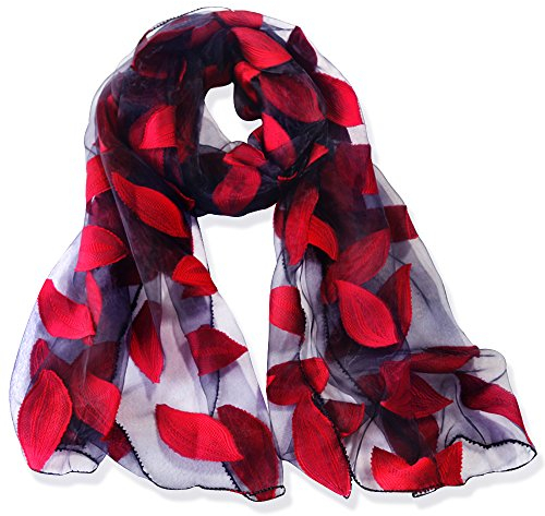 YFZYT Organza-Schal für Damen mit Feder Stickerei Muster/Elegantes Accessoire für Frauen/Organza-Schal/Halstuch/Schulter-Tuch/Schal Chiffon Stola Scarves - Weinrot Blätter