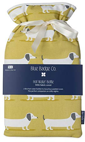 Blue Badge Co 1.5 Litre Large Hot Water Bottle with Padded Cotton Cover Sausage Dog Pattern Rubber Bottle Included