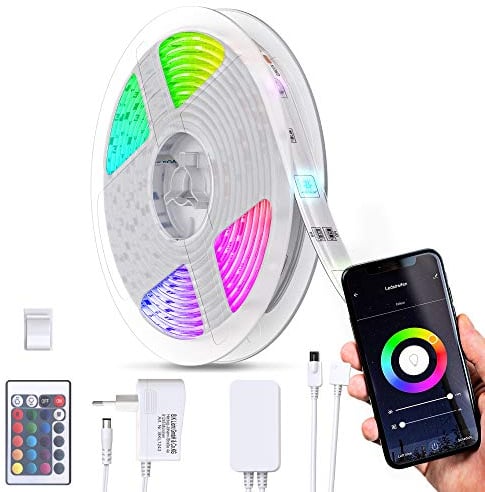 B.K.Licht - LED Strip 5m smart via App- und Sprachsteuerung, Fernbedienung, buntes RGB Licht, Smart Home LED Streifen, Leiste, Gaming Deko, Party Deko, Band, Lichtleiste, 5x1x0,3 cm