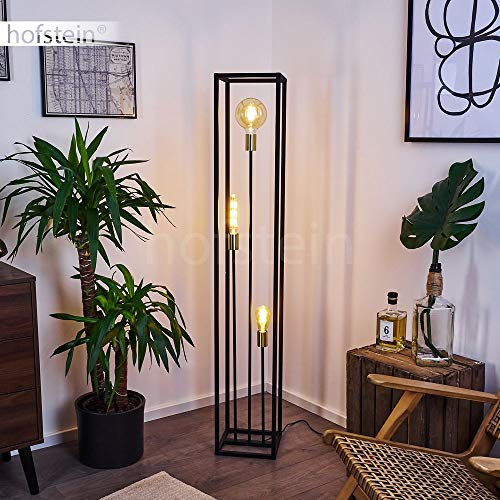 Stehleuchte Woden, Bodenlampe aus Metall in Schwarz und Messingfarben, 3-flammige Industrial Look Standlampe mit Lichteffekt, 3 x E27, Fußschalter am Kabel, ohne Leuchtmittel