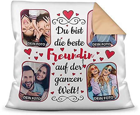 Kissen mit Füllung zum selbst Gestalten mit 4 Fotos - Für die Beste Freundin - Hochwertige Kissenhülle mit Reißverschluss, Rückseite Beige, 40 x 40 cm