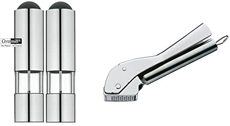 WMF Elektrische Mühle Set 2-teilig, 21 cm, Salz und Pfeffermühle unbefüllt, LED-Leuchte, Edelstahl, Glas& Profi Plus Knoblauchpresse 17,5 cm, Cromargan Edelstahl teilmattiert, spülmaschinengeeignet