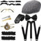 SATINIOR 1920er Jahre Brüllend Retro Herren Kostüm Zubehör Set Gangster Hut Fliege Taschenuhr Strapse Glas Bart Krawattenklammer, Hellgrau, Fresh Style