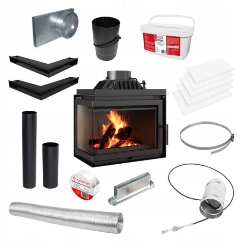 KRATKI Einfacher holzbefeuerter Kamineinsatz Lufteinlass BImSchV 2-konform 11kW Thermischer Wirkungsgrad 75% Abgasauslass fi 200 mm dekorative Glasscheibe aus Gusseisen LeftPlus Zubehör
