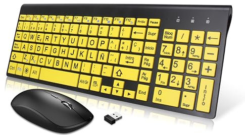 Zienstar-Pack Teclado y Ratón Inalámbrico Español,Impreso a Letra Grande para Personas Mayores con Baja Visión -Amarillo