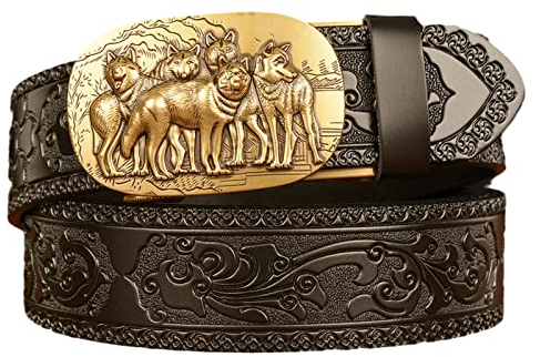 YOPADO Tiere Kopf Automatikschließe Schwarz Western Geprägte Ledergürtel für Herren Ratsche Automatik Gürtel Verstellbarer für Jeans Anzug Hose(125cm/waist:42~44, Wolf Pack)