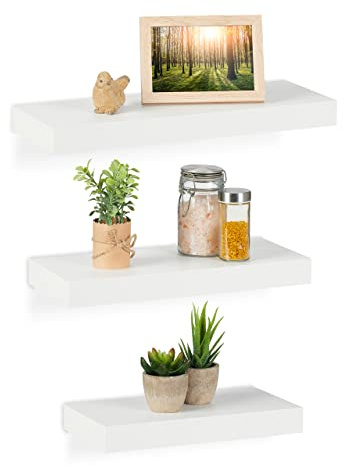 Relaxdays 3x Floating Shelves, Various Sizes, Decorative Wall Rack, MDF, Modern Design, incl. Mounting Material, White, Fibreboard, 3.5 x 42 x 15 cm