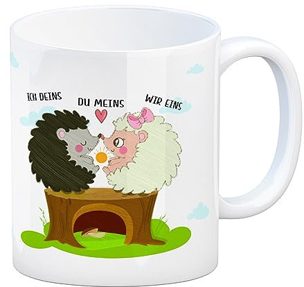 Igel Pärchen Kaffeebecher mit Spruch Ich deins du meins wir eins Igel Tasse für deinen Partner zum Valentinstag Liebe Kaffeetasse Love niedlich bunt