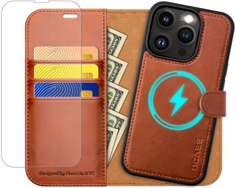 OCASE Abnehmbare Hülle iPhone 14 Pro Handyhülle 5G[Magnetische Hülle] [Kabelloses Laden] [Displayschutz] [Kartenfach] RFID Schutzhülle Etui Klapphülle Kompatibel für iPhone 14 Pro Braun Neu