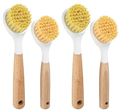 Zxglxinyao Dish Brush with Bamboo Handle, 4pcs Kitchen Dish Brushes, Kitchen Scrub Brush for Cleaning Dishes, Pot, Grill Pans, Cast Iron, Dishwashing, Kitchen Sink, Bathroom Brushes