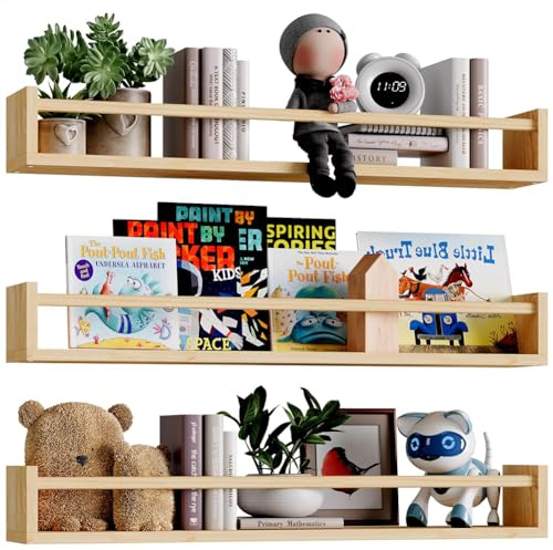 BAKAJI Juego de 3 estantes de Pared de Madera, estantes de Pared Multiusos y Barra de protección de Objetos, estantería para Dormitorio, salón, Cocina, baño, librería para Ahorrar Espacio, 3 x 60 cm