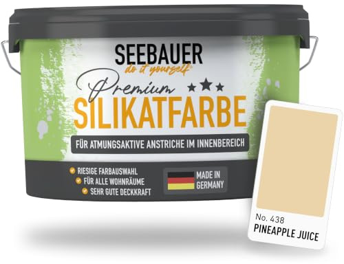 SEEBAUER diy Silikatfarbe Gelb 10L für Innen (No. 438 Pineapple Juice) Atmungsaktive Mineralfarbe für Allergiker - Abwaschbare Wandfarbe - Gelbtöne hohe Deckkraft