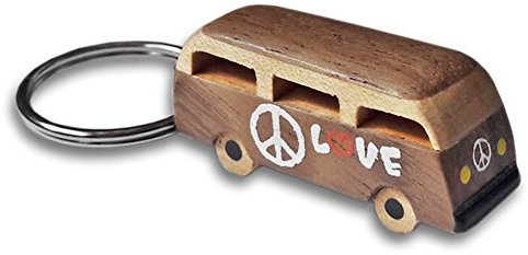 Porte-Clés Bus Hippie en Bois - Porte-Clef Combi Vintage avec Symbole de Paix et Inscription Love - Accessoire Bohème et Retro