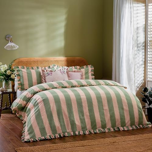 Wylder Nature Birdie Stripe Rüschen-Bettwäsche-Set – Rosa/Grün – Einzelbett