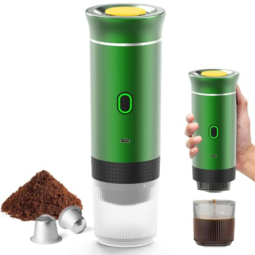 Kouamor Tragbarer Espressokocher & 3-in-1 Elektrische Kaffeemaschine mit Großkapseln, Kleinkapseln und Kaffeepulver – Für Camping, Wohnmobil, Büro, Zuhause & Auto (grün)