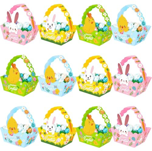 YouYuer Osterkörbchen,12PCS Osternester zum Befüllen,Osterkorb mit Henkel,Osterkörbchen Kinder,Ostern Bastelset Papier mit Osterhasen DIY Osternest Geschenkkörbchen Kinder Korb Aufbewahrung
