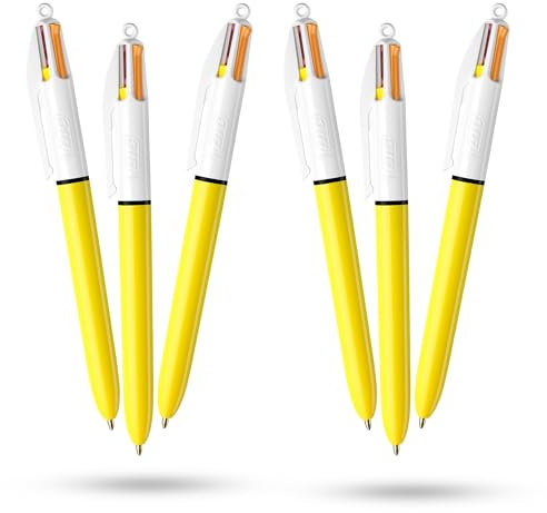 BIC Lot de 6 stylos solaires rétractables 4 couleurs Jaune Soleil Couleur baril Stylo multicolore avec quatre encres vives assorties Stylos multicolores tout-en-un pour l'école, le bureau et le code