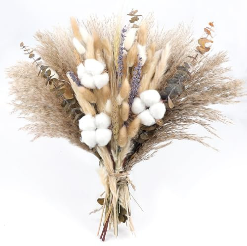 86 bouquet di fiori secchi naturali, erba della pampa essiccata, steli di cotone, code di coniglio, eucalipto, lavanda, grano, rustico, decorazione bohémien, per decorazioni autunnali, bouquet di