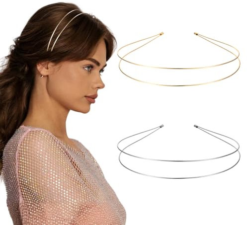 Metal Hair Band 2 Pack, Silver and Gold Double-Layer Thin Headband, Unisex Simple Elastic Headpiece Headbands for Teens & Women Bridal Wedding Party