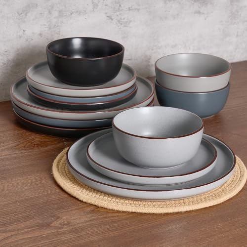 Richmount Mercury Plates and Bowls Sets, Speckled 12-Piece Plate Set, Stoneware Dinner Set for 4 with Dinner Plates, Dessert Plates, Cereal Bowls, Microwave & Dishwasher Safe, Multi-Color