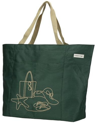 anndora XXL Strandtasche 40 Liter – große Badetasche mit Reißverschluss & Zusatzfächern – faltbarer Shopper für Strand, Schwimmbad, Sauna & Einkaufen (Grün Bestickt)