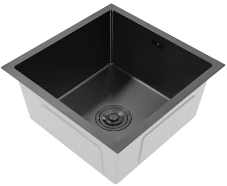 Fregadero de cocina de 45 x 45 cm, de acero inoxidable, rectangular, empotrable con rebosadero, 1 lavabo, fregadero para bajo encimera con filtro de desagüe (negro)