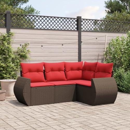 QUAHEAS 4-teiliges Gartensofa-Set, braunes Polyrattan mit roten Kissen, modular, wetterfest für Terrasse, Balkon und Garten