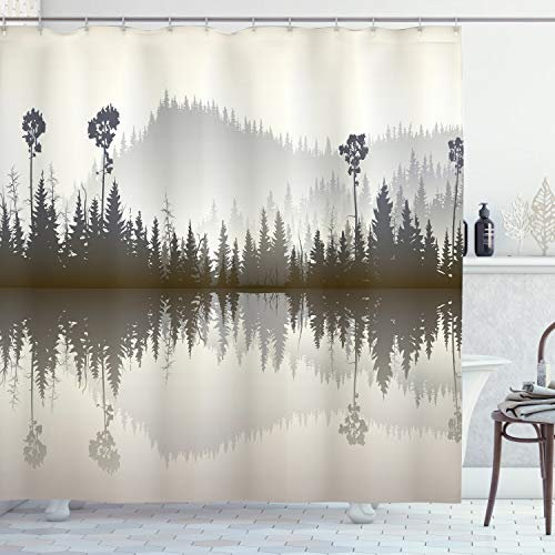 ABAKUHAUS Wald Duschvorhang, Northern Muster Natur, Stoffliches Gewebe Badezimmerdekorationsset mit Haken, 175 x 200 cm, Creme Grau Braun