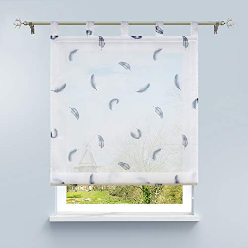 HongYa Raffrollo Voile Schlaufenrollo Transparente Raffgardine mit Schlaufen Küche Vorhang Kleinfenster H/B 140/60 cm Feder Muster