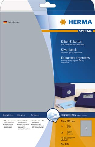 HERMA Etikett, Laser/Kopierer/Farblaser/-kopierer, selbstklebend, Folie, 210 x 297 mm, silber (25 Stück), Sie erhalten 1 Packung á 25 Stück