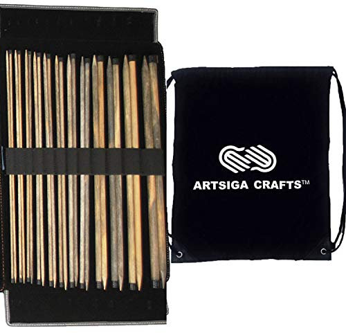 Lykke Driftwood 25,5 cm gerades Stricknadel-Set, Birkenholz, US-Größen 4, 5, 6, 7, 8, 9, 10, 10,5, 11, 13, 15 und 17, inklusive grauer Denim-Tasche mit Projekttasche
