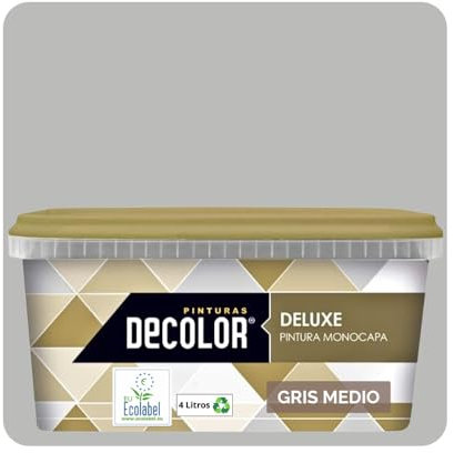PINTURAS DECOLOR DELUXE Pintura de Interior Monocapa Mate. 4 Litros. Ecológica con Certificado Ecolabel. GRIS MEDIO
