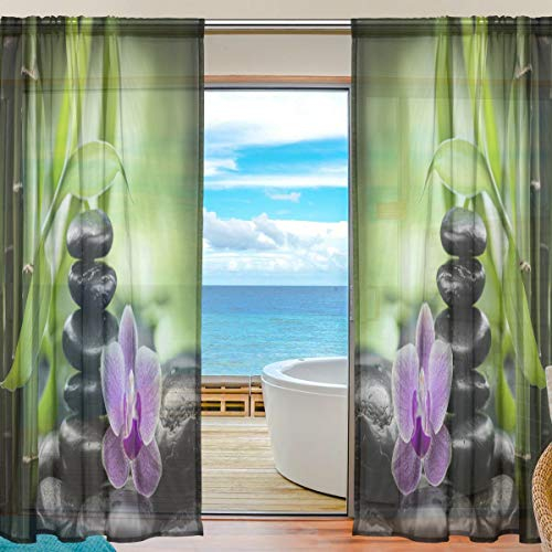 Gigijy Voile-Vorhänge mit Zen-Steinen, Orchidee und Bambus-Design, für Wohnzimmer, Schlafzimmer, Küche, Zuhause, Türdekoration, 140 x 198 cm, 2 Paneele