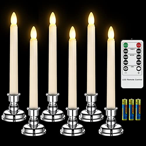 Ymenow LED Stabkerzen mit Timerfunktion, 6 Stück LED Kerzen Flackernde Flamme mit Fernbedienung Silber Kerzenhalter Batterie für Silvester Party Deko 2024 Fensterdeko Tischdeko Weihnachten Wohnzimmer