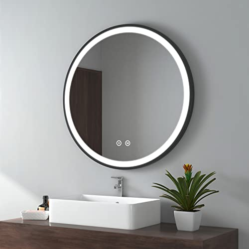 EMKE Badspiegel Rund Schwarz 80 cm, Badspiegel mit Beleuchtung und Touchschalter, 3 dimmbare Lichtfarben, Speicherfunktion, Runder Spiegel
