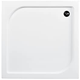 VBChome Plato de ducha acrílico 90 x 90 x 16 cm, plato de ducha rectangular, soporte de poliestireno, extraplano, acrílico sanitario, estable, color blanco + Viega Domoplex