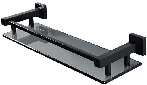 SAYAYO Bathroom Shelf Tempered Black Glass Shelf with Square Rail Wall Mounted 16 inches, Stainless Steel Matte Black Finished, EGC2000-40-B