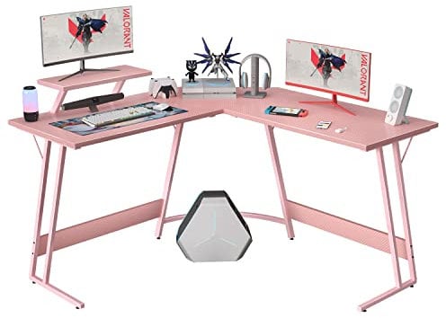 Homall L Shaped Gaming Desk 51 Inch Computer Corner Desk Pc Gaming Desk Table with Large Monitor Riser Stand for Home Office Sturdy Writing Workstation (Pink)