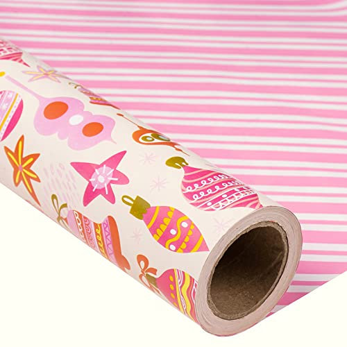 MAYPLUSS Christmas Reversible Wrapping Paper Jumbo Roll - 30 Inches x 100 Feet - Pink Ornaments Stripe,christmas paper,Gift Wrap for Xmas,New Year,Holiday, Party, Celebration